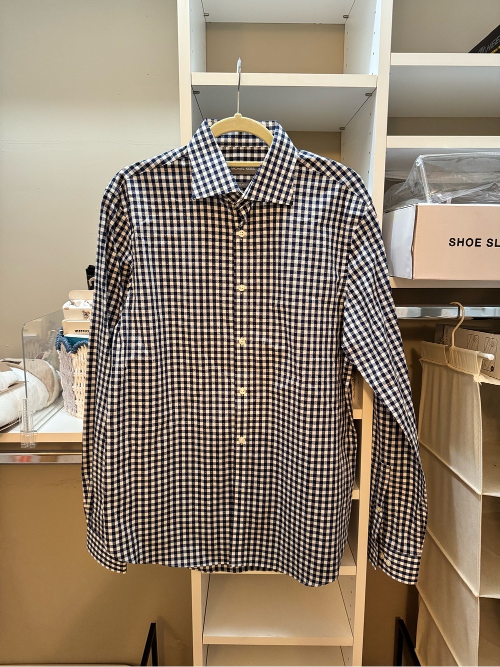 Michael Kors Navy and White Gingham Button-Down Shirt - Slim Fit